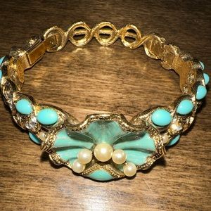 Joan Rivers Turquoise and Pearl Shell Bangle Clam/Oyster Gold Mermaid Bracelet